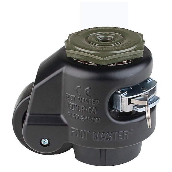 Leveling Caster, Ratchet, 63 mm Nylon Wheel, 1/2-13 Stem, Swivel, 500 kg Cap, NBR Foot Pad, Black